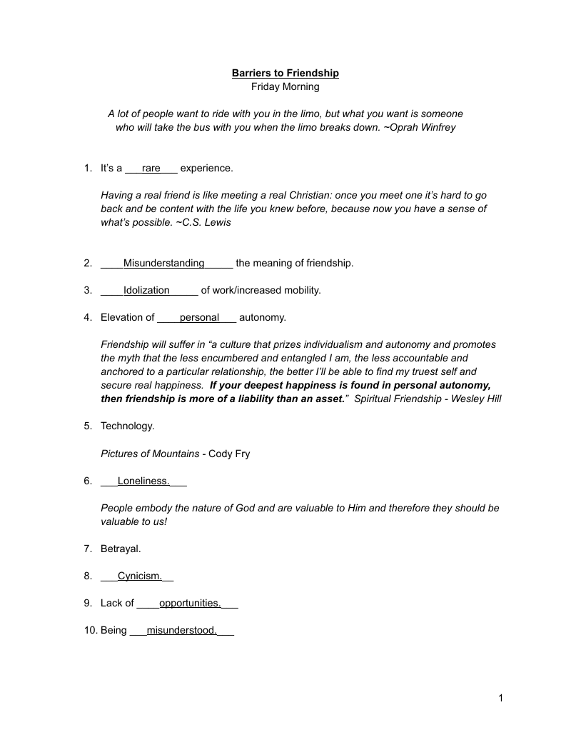 Preview of the Barriers to Friendship handout